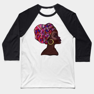 Afro queen With pink Kinte headwrap- Mahagony brown skin girl with thick glorious, curly Afro Hair and gold hoop earrings Baseball T-Shirt